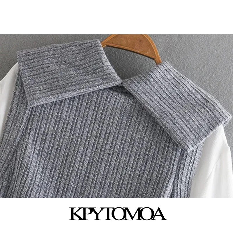 

KPYTOMOA Women 2020 Fashion With Bow Tied Patchwork Loose Blouses Vintage Long Sleeve Elastic Trim Female Shirts Chic Tops