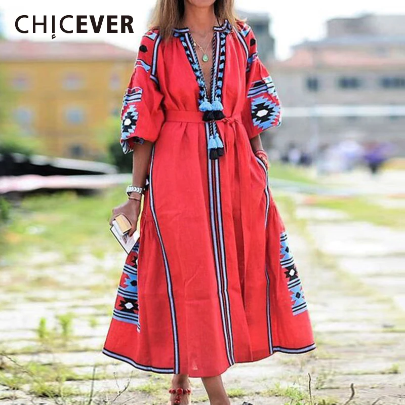 

CHICEVER цветные платья с принтом для женщин, глубокий v-образный вырез, пэчворк, ремень, кисточка размера плюс, женское Повседневное платье, мод...