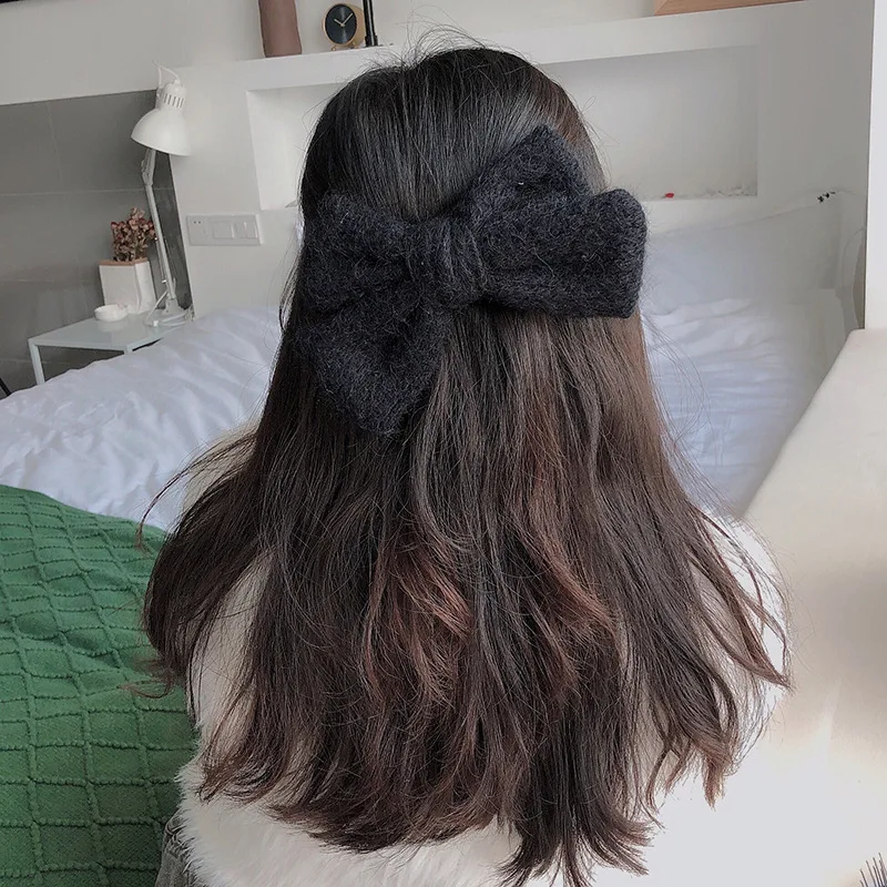 

WYINYA Women's autumn and winter new style big bow cute woolen knitted material hairpin Sen sweet handmade hairpin side clip