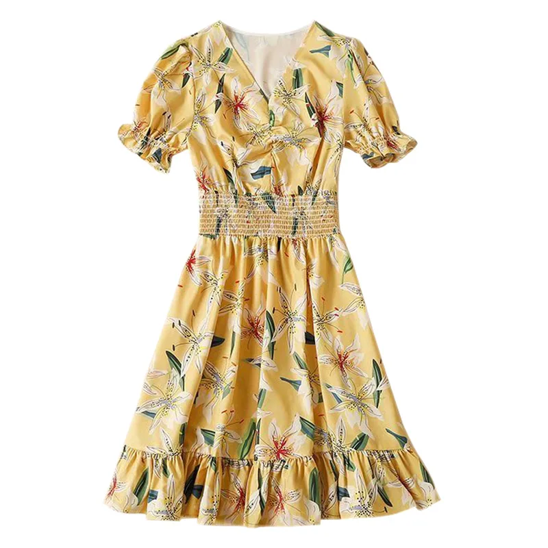 

V-Neck Smocking Elastic Waistband Lantern Sleeve Frilly Ruffles Hem Print Yellow Short Casual Summer Dress