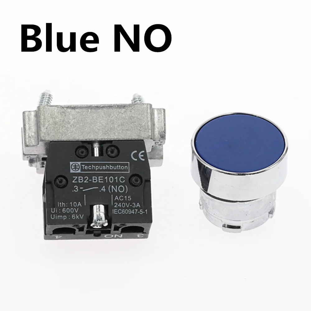 Blue-NO 1 шт. 22 мм Мгновенный кнопочный переключатель 10 а/415 В круглый небольшой размер Плоская Круглая Панель NC/без XB2-BA31 XB2-BA42 - Цвет: Blue-NO