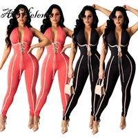 abhelenss halter body jumpsuit women summer sexy deep v neck backless lace up bandage pants bodycon club party jumpsuit