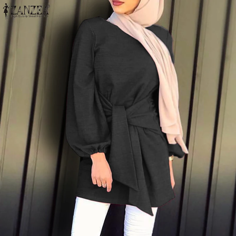 ZANZEA Women Autumn Shirt Stylish Muslim BlouseVintage Long Sleeve Lace Up Tops Casual Solid Dubai Abaya Turkey Blusas S- | Женская