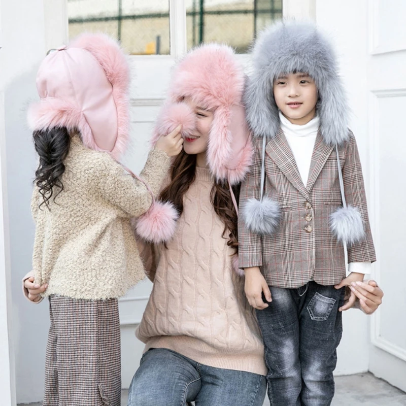 

2-10 Years Fashion Winter Kids Hat Pu Leather Big Ball Fur Plush Windproof Hat for Children Boys Girls Warm Skiing Hat