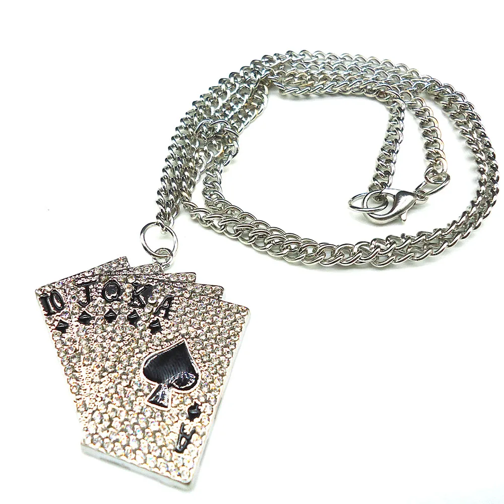 

2021 Fashion Jewelry Poker Pendants Necklaces With Rhinestone Silver Punk Hip Hop Men Accessories Chains Pingente Cut Things