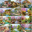 5D Алмазная вышивка крестиком на рисунке, природные пейзажи садовый домик мост 