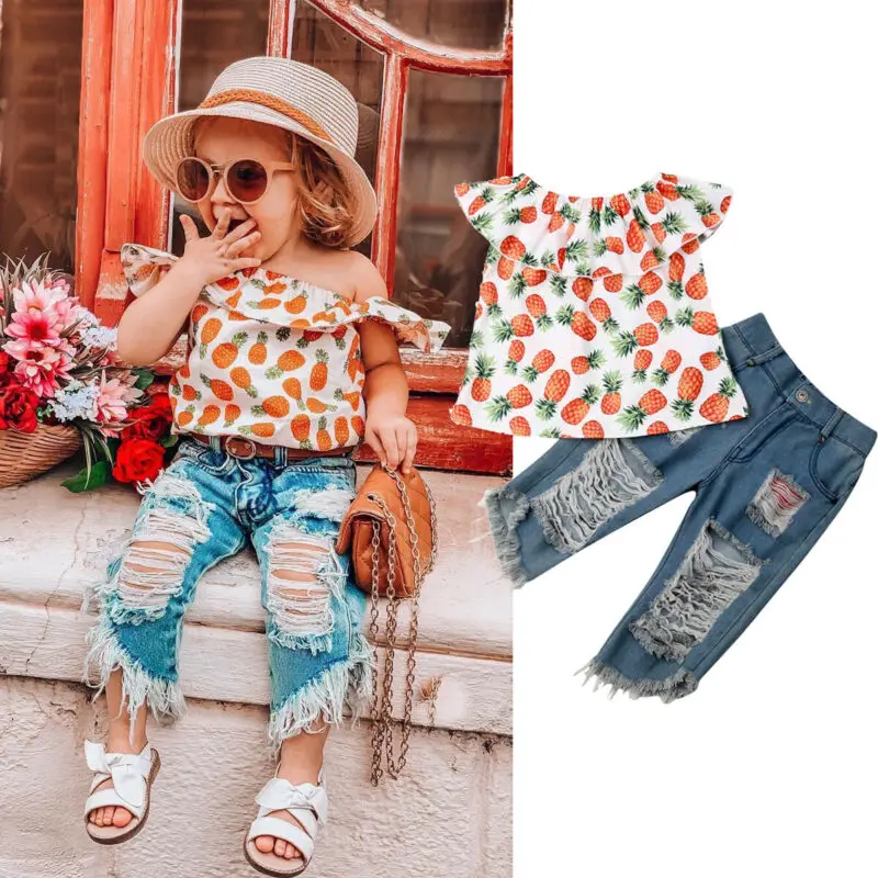 

Imcute 2020 Summer Toddler Baby Girl Clothes Off Shoulder Fruits Print Ruffle Tops Ripped Jeans 2Pcs Outfits Clothes 1-6Y