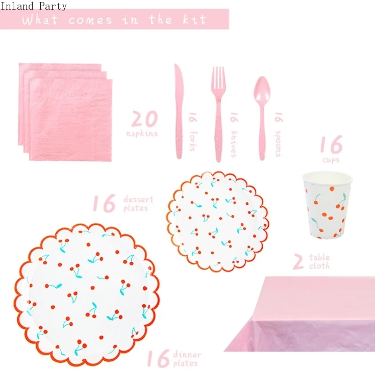 

8pcs Cherry Disposable Tableware Set Disposable Paper Plate Straw Cup Napkin for Wedding Birthday Decoration Party Supplies