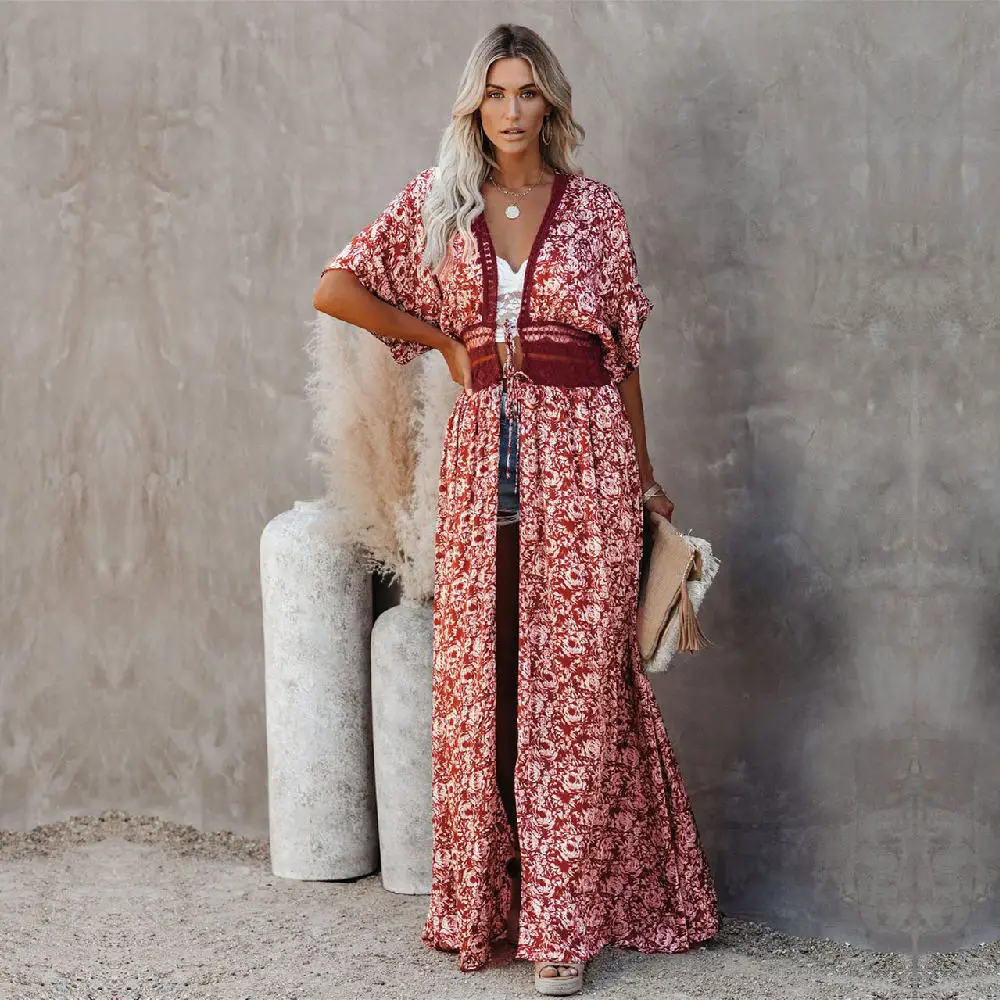 Длинная блузка с принтом в стиле бохо 2021 элегантное пляжное платье-кимоно