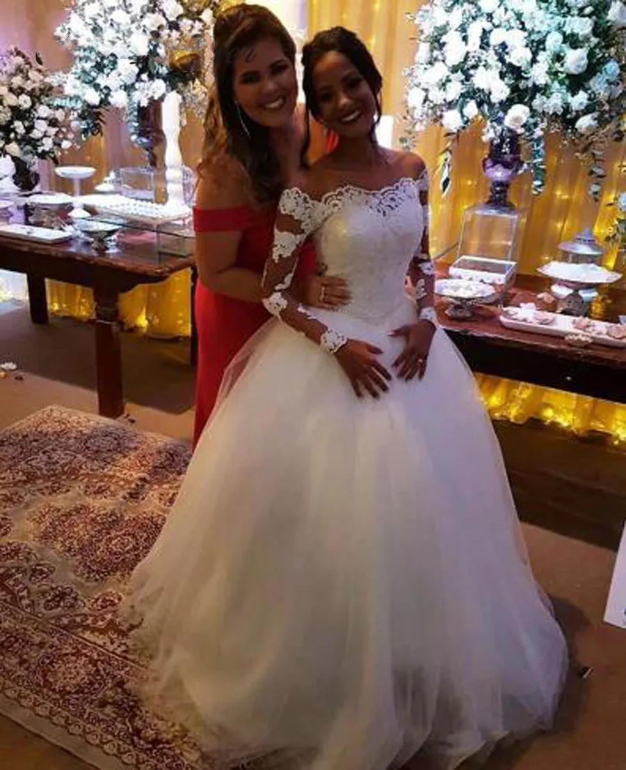 

Robe De Mariee Ball Gown Africa Wedding Dress 2019 Lace applique Boat Neck Beading White Vestido De Novia Wedding Gowns