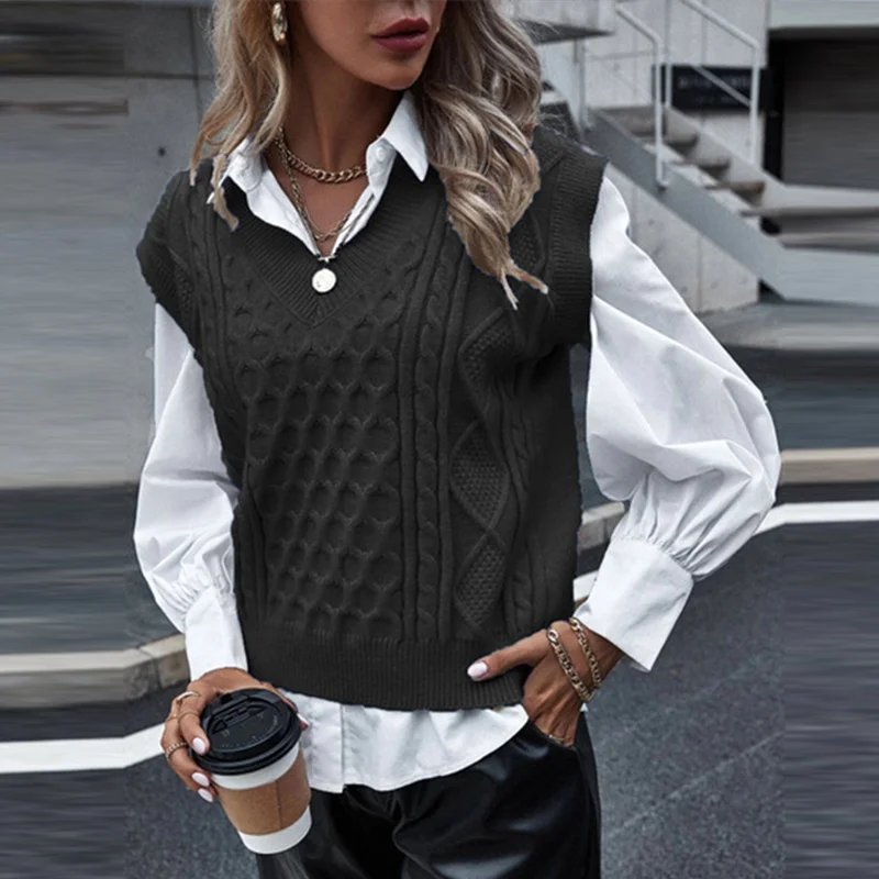 

Women's Sweater Vest Solid V-neck Knitting Vests Sleeveless Autumn Winter Hook Flower Hollow Elegant Spliced Plaid Casual Tops