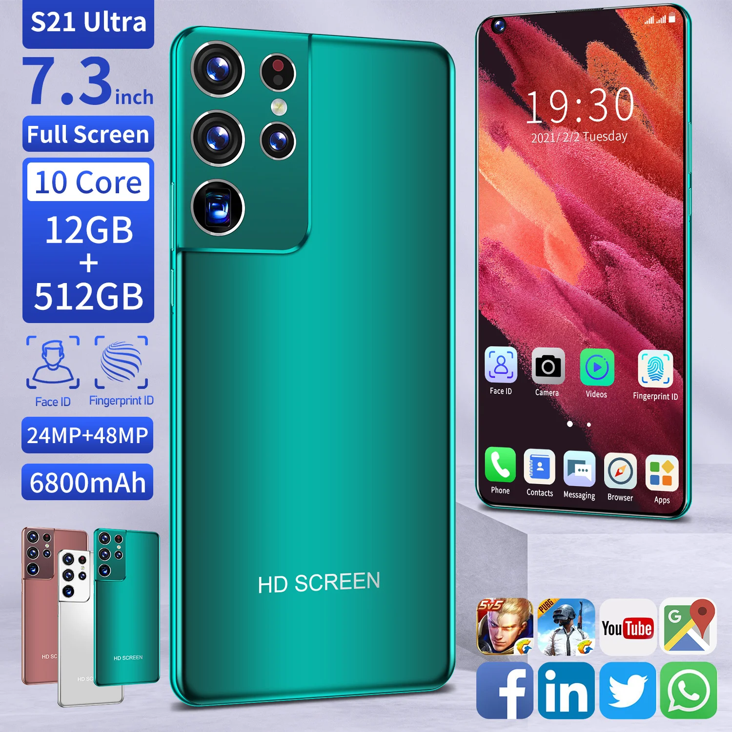 

Global Version S21 Ultra 7.3 Inch MTK6889 Network Mobile Phone 12GB+512GB 24MP+48MP 10Core Dual SIM 4G LTE 5G Face ID Cell Phone