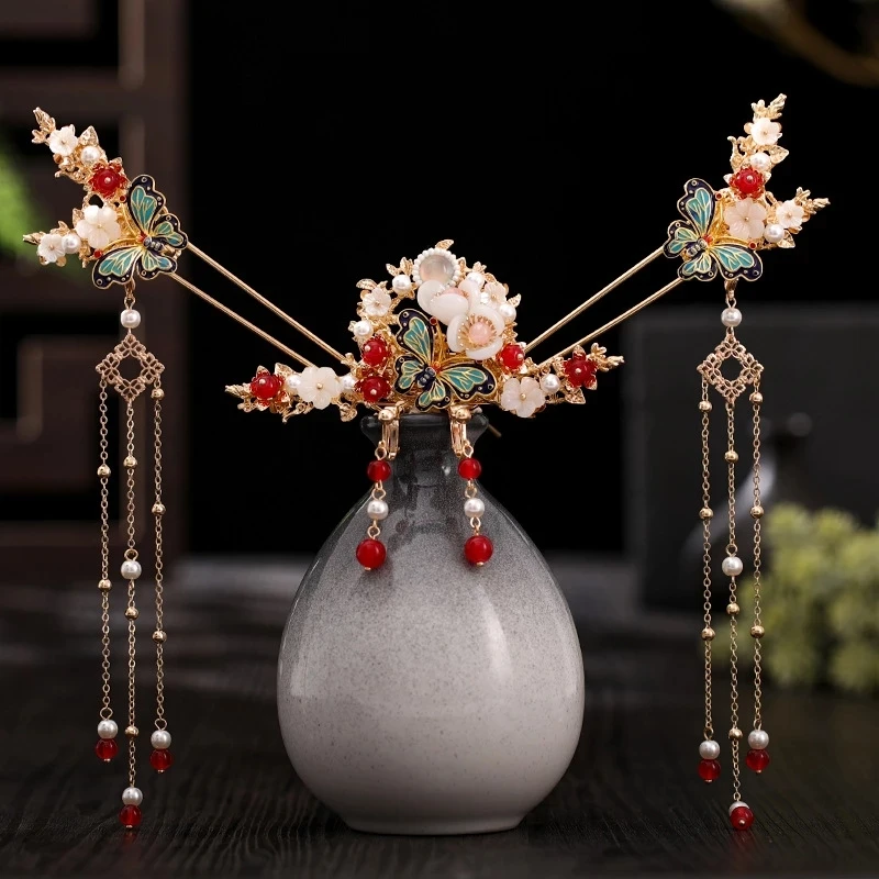 

Fashion Chinese Hanfu Headdress Bride Full Set of Hair Fringed Tassel Crystal Hairpin Antique Hair Accessories with Accessories
