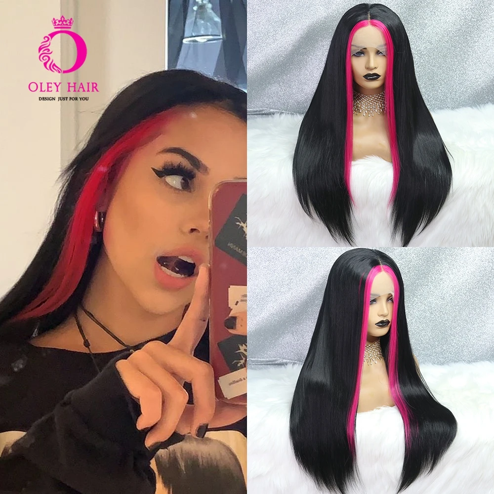 Rose Red Wig Highlight Synthetic Lace Front Wig Hightemperature Fiber Long Straight Drag Queen Cosplay Wigs For Women OLEY
