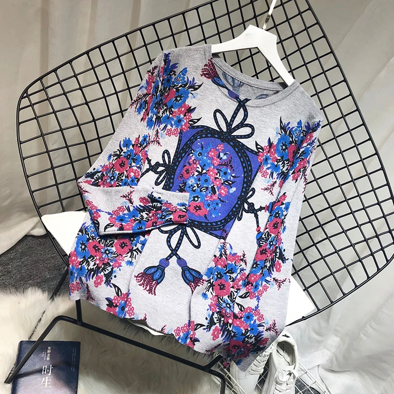 ALPHALMODA цветочные модные женские свитера с принтом круглым вырезом и длинными