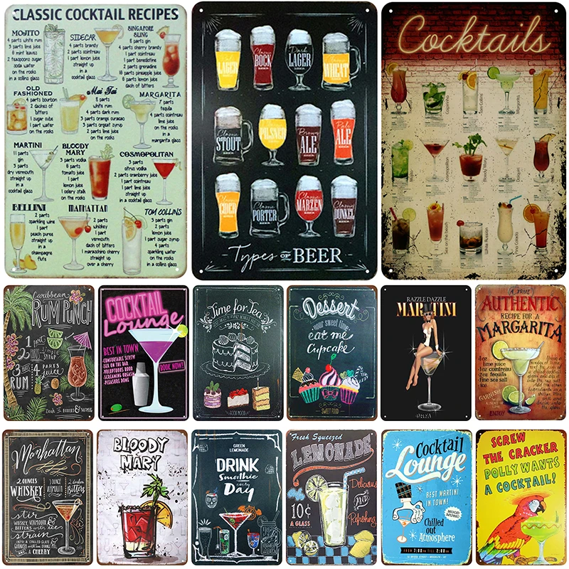 

Металлическая винтажная Оловянная вывеска для коктейлей, булавка, потертый Шикарный декор, винтажное украшение для бара, металлический пос...