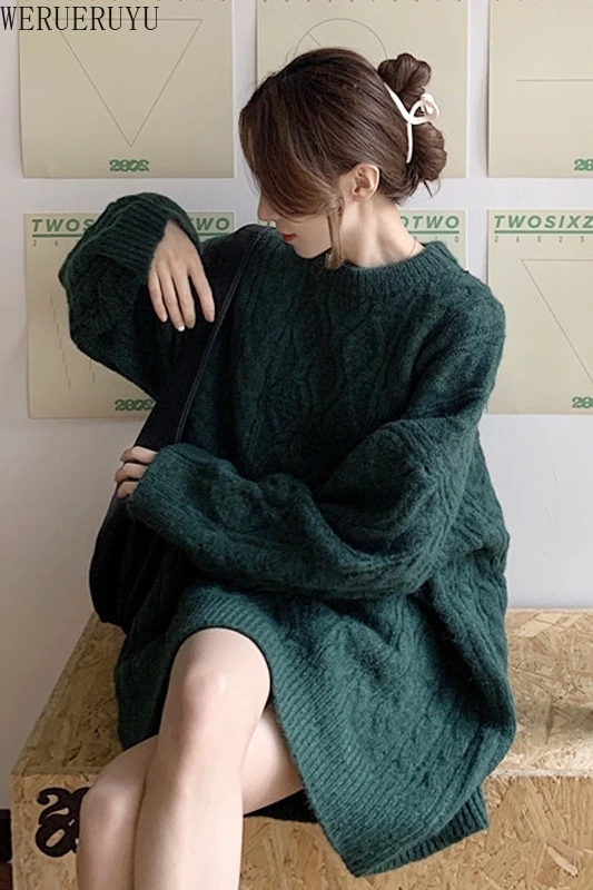 

WERUERUYU O-neck Women Solid Sweater Dress Style Long Sleeve Knitted Mid-length Dress Female