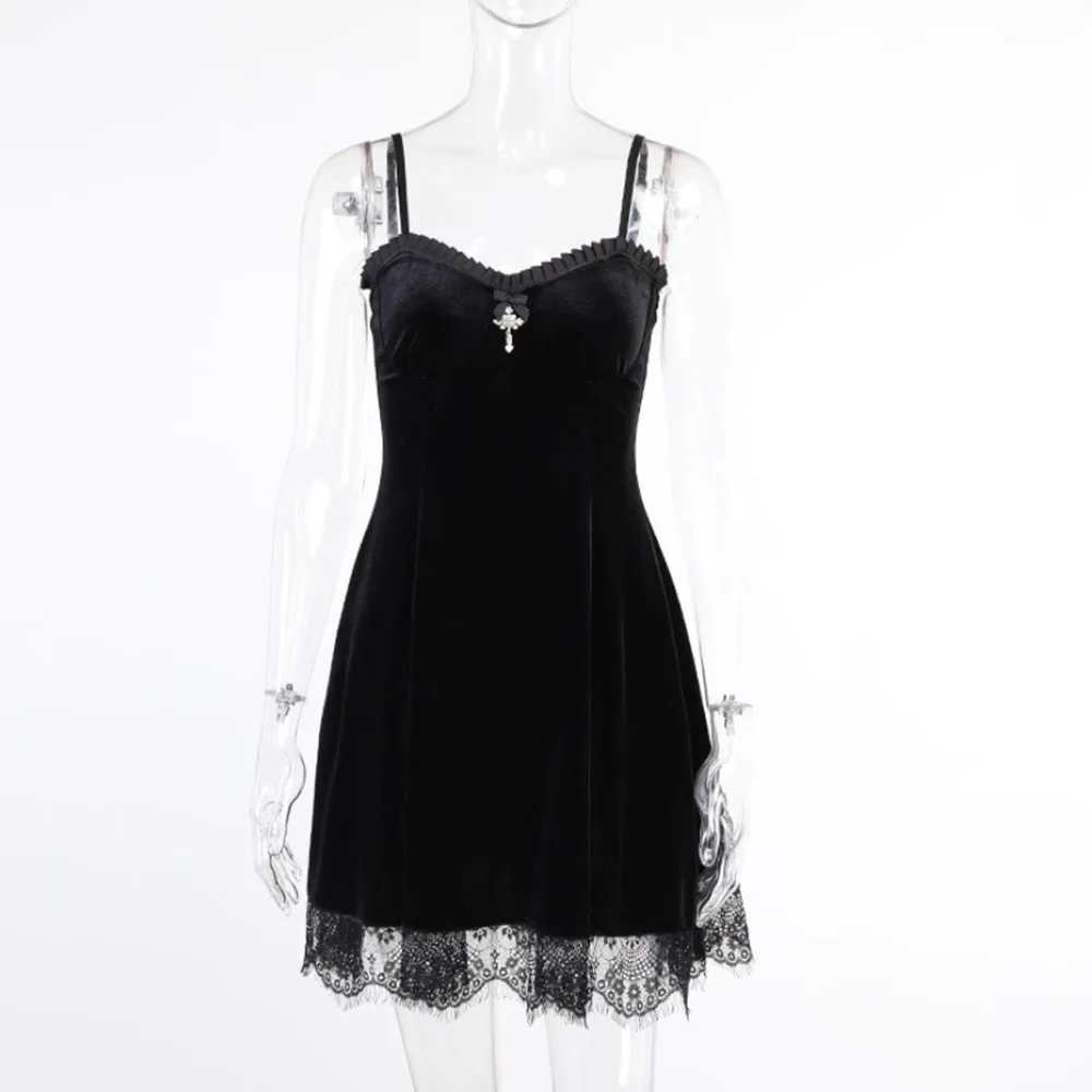 

2021 Gothic Summer Dress Fashion Designer Hipster Thin Creative Simple High Waist Lace Splicing Sexy