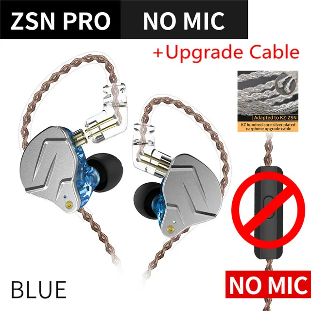 Blue no mic Silver KZ ZSN PRO 1BA+ 1DD гибридная технология Hi-Fi металлические наушники-вкладыши бас-вкладыши спортивные наушники с шумоподавлением ZSN AS10 ZS10 ZST T2 - Цвет: Blue no mic Silver