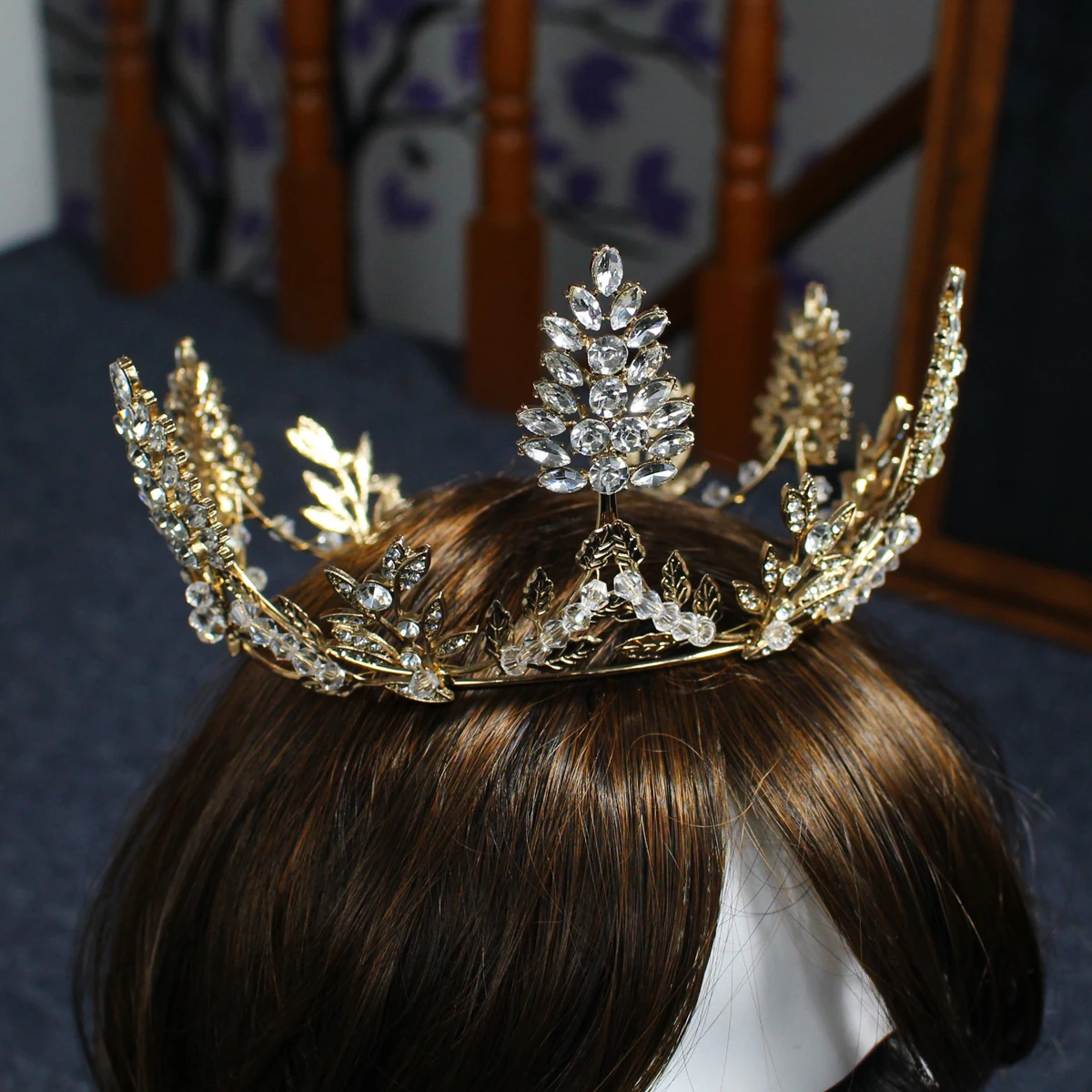 

O724 Luxurious Wedding Bridal Headpiece Earring Set Golden Alloy Crystal Rhinestone Marriage Pageant Crown Bride Princess Tiara