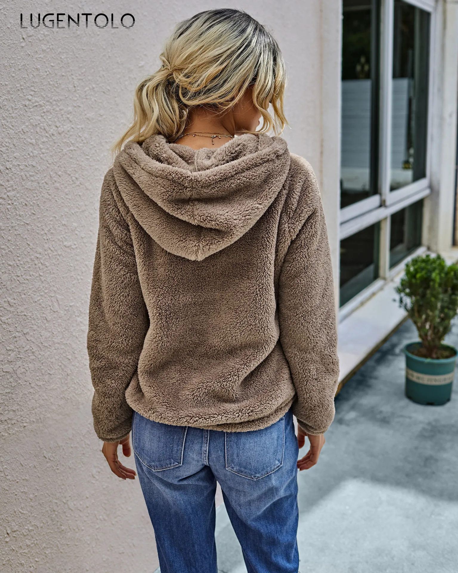 

Lugentolo Women Sweatshirt Solid Color Autumn Winter Pullover Plush Top Hooded Button Loose Female Casual All-match Sweatshirts