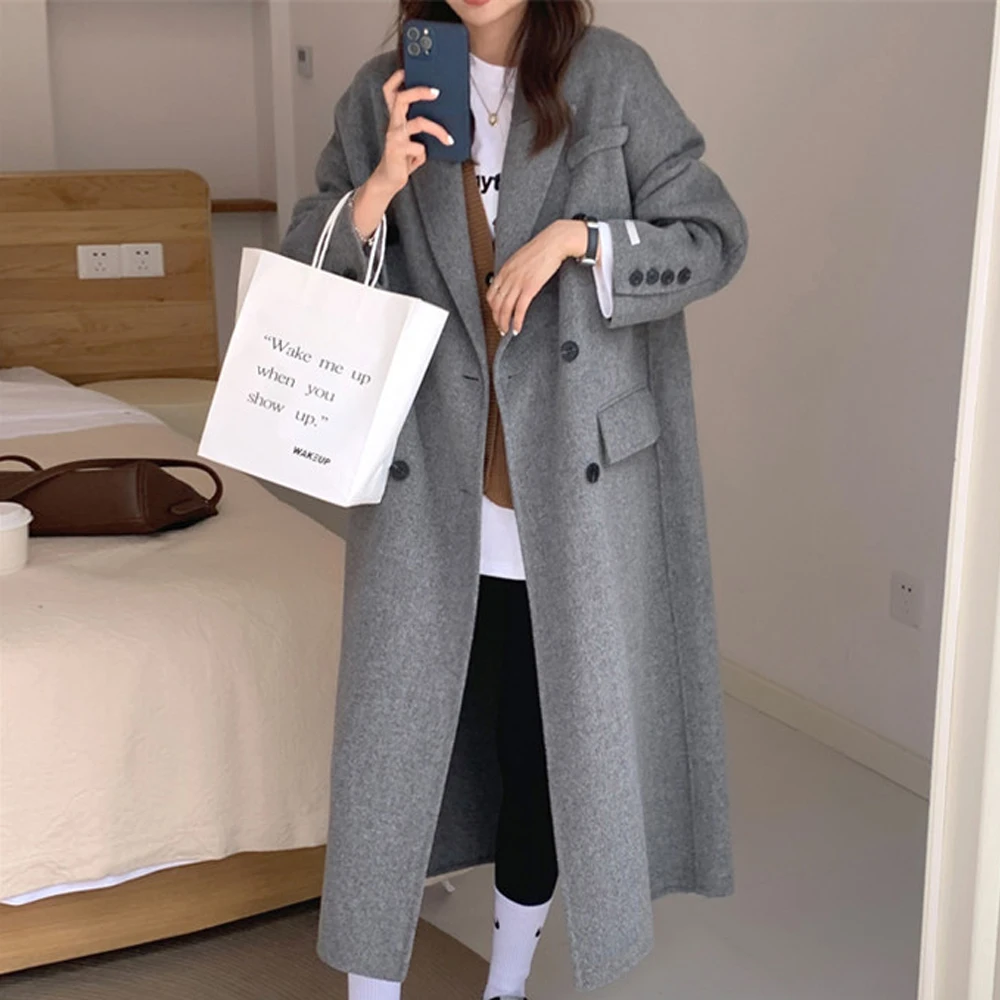 

Женские офисные куртки, женские зимние длинные прямые повседневные пальто 2021, женская одежда, зимние двубортные Лоскутные пальто с отложны...