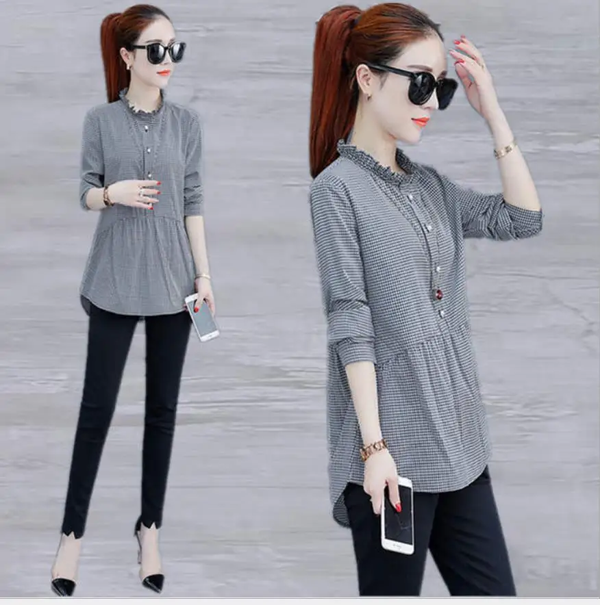 

Рубашка женская в клетку, весенняя одежда, новая свободная блузка в Корейском стиле, Свободная шифоновая рубашка с длинным рукавом