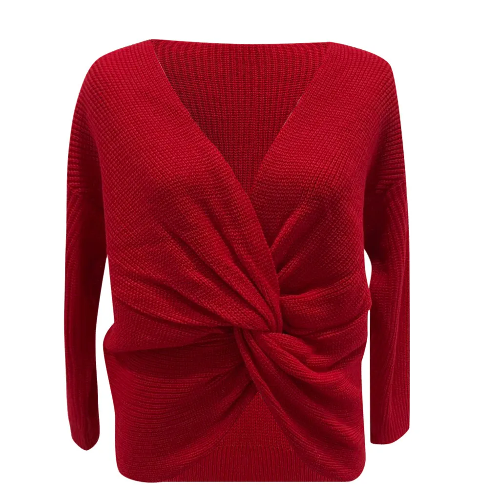 Осенне-зимний вязаный свитер для женщин повседневный красный с длинным рукавом и