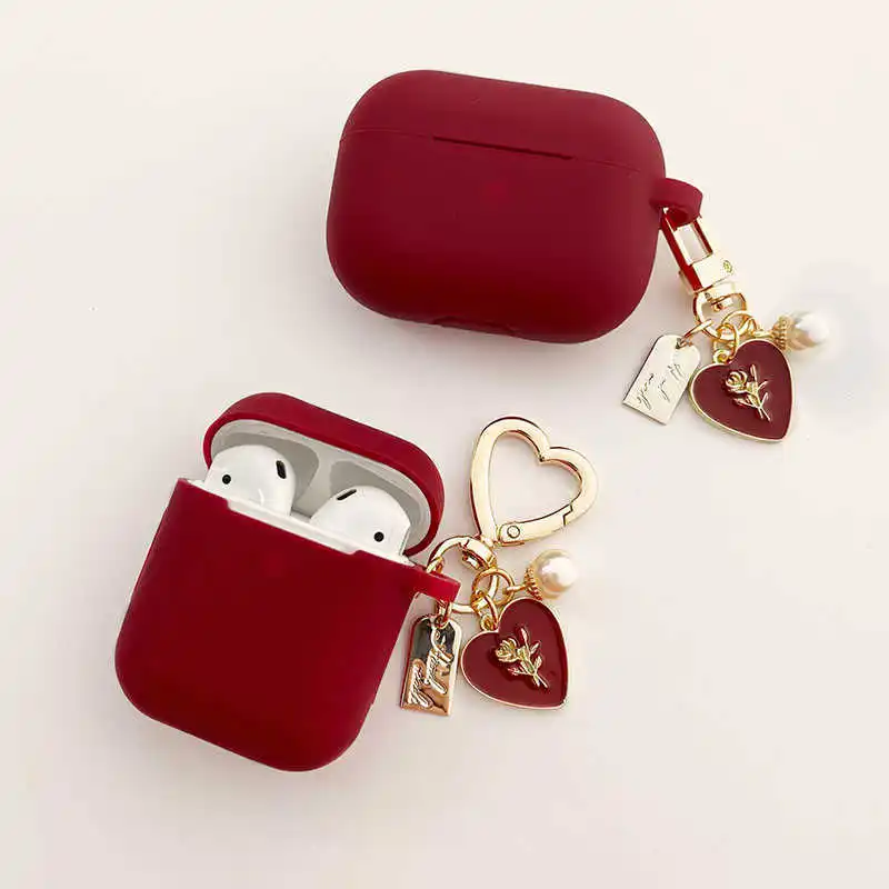 

Vintage Roses Pearl Keychain Wine Red Silicone Earphone Case For Apple Airpods 1 2 Pro 3 Bluetooth Headset Cover Sweet Cute