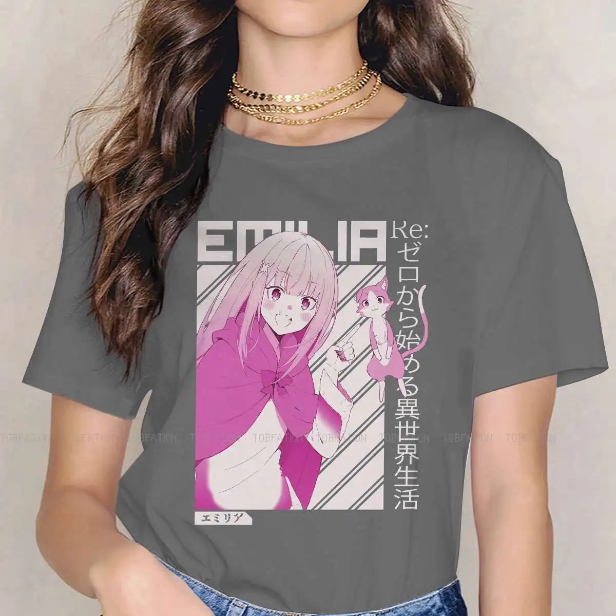 

Розовые модные футболки Emilia Puck Re Zero Субару Нацуки женская футболка Emilia Rem с круглым вырезом 4XL