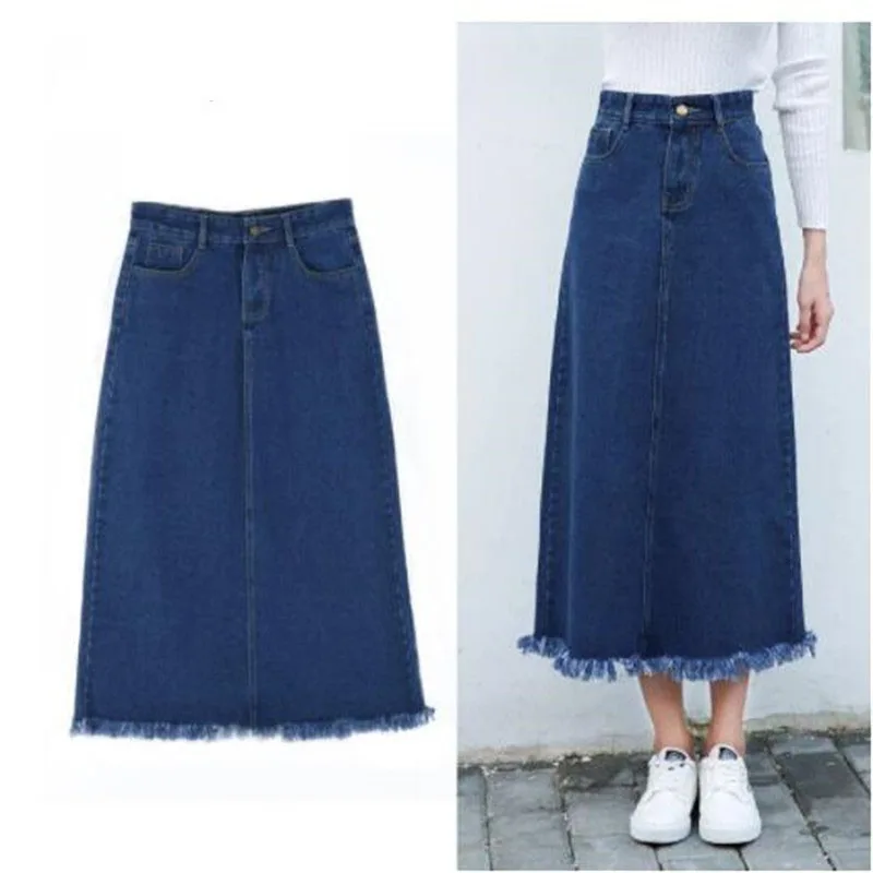 Женская джинсовая юбка с высокой талией длинная трапециевидная макси из денима