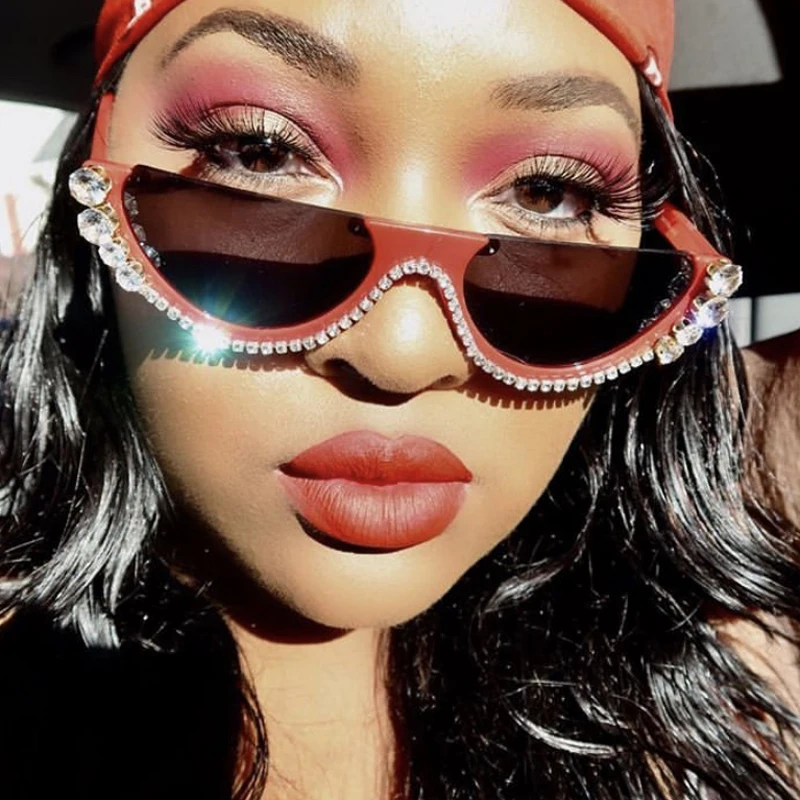 

Diamond Cat Eye Sunglasses Women 2020 Semi-Rimless Sun Glasses Luxury Brand Designer Crystal Frame Rhinestone Eyewear Oculos