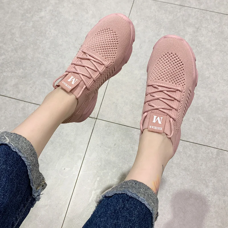 

Sports Shoes For Women Flying Net Upper Shoes Summer Mesh Breathable And Versatile Lace Up Casual Light Soft Soles Dad Sneakers