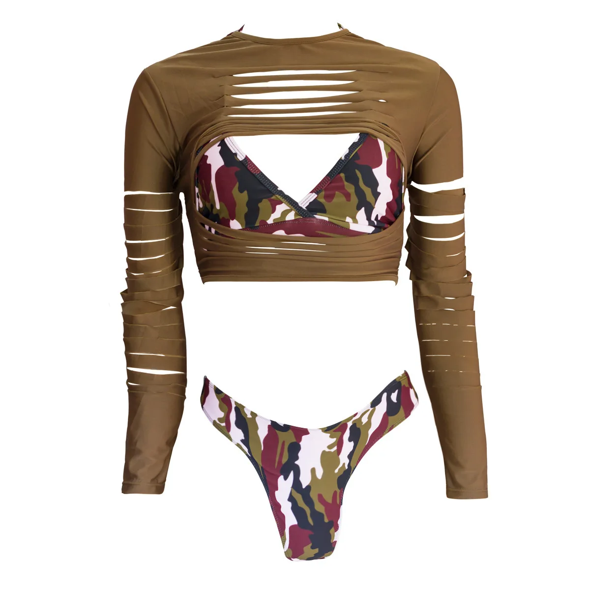 Camouflage 3 шт., рваные камуфляжные бикини с длинным рукавом, женские купальники с высокой талией, летние купальники с высокой талией, женский купальный костюм - Цвет: Camouflage