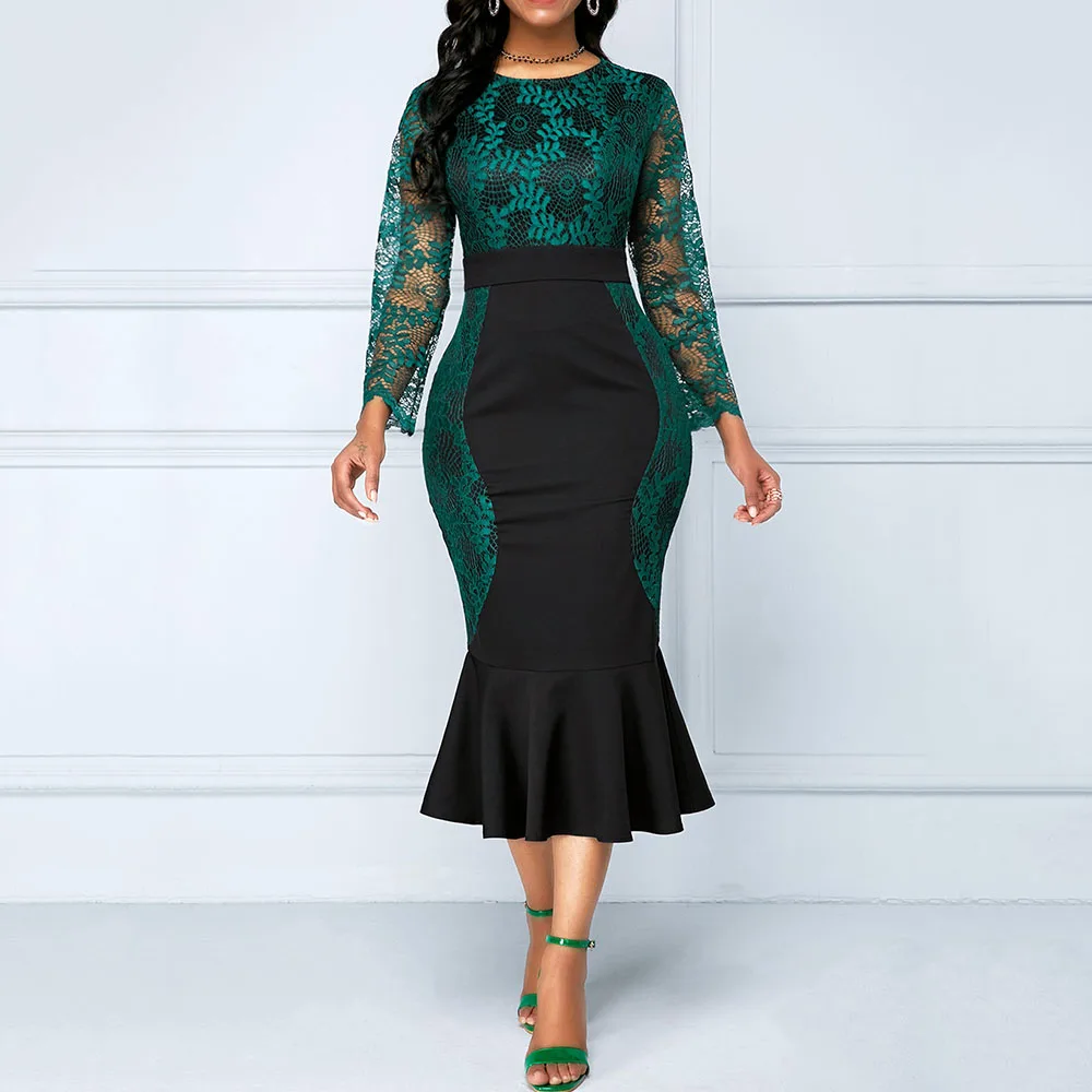 Женское зеленое элегантное платье русалки с длинным рукавом кружевное Макси
