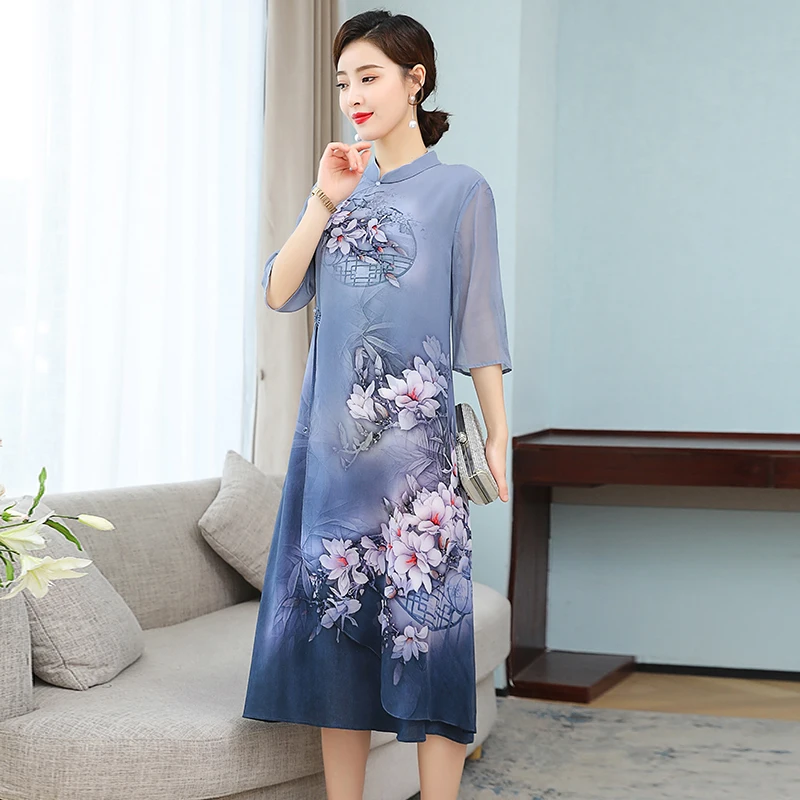 Женское длинное платье в китайском стиле летнее с коротким рукавом элегантное