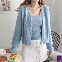 autumn knitted flower embroidered sweater cardigan two piece womens korean style embroidered slim temperament sweater set