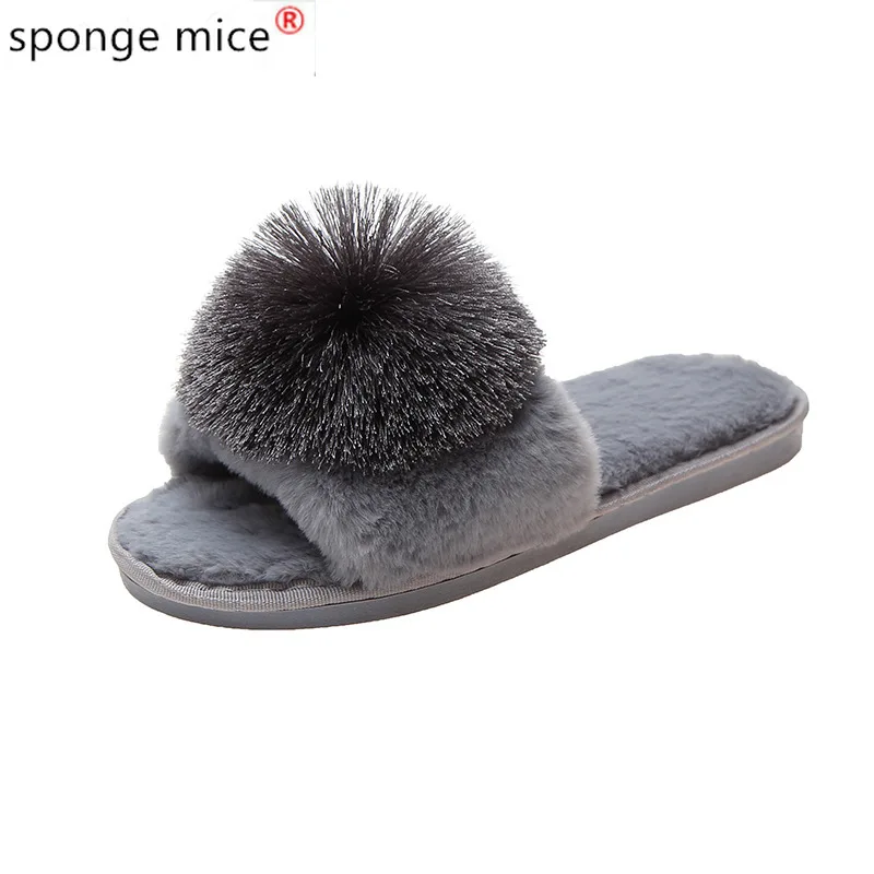 

2020 fall and winter fashion home slippers open-toe wear women flat anti-slip women's shoes fur slides