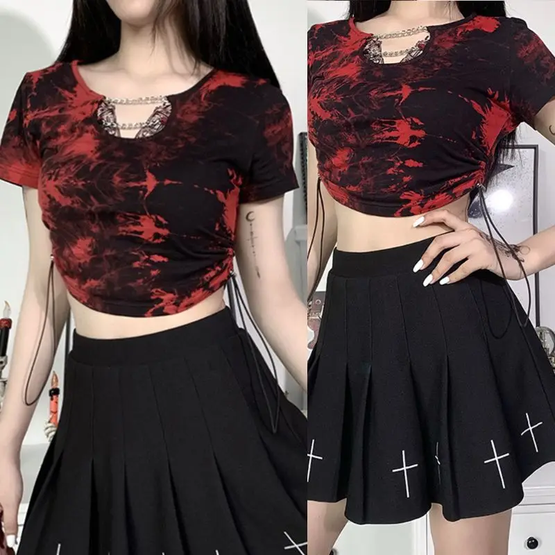 Женская готическая футболка с коротким рукавом короткий топ контрастных цветов