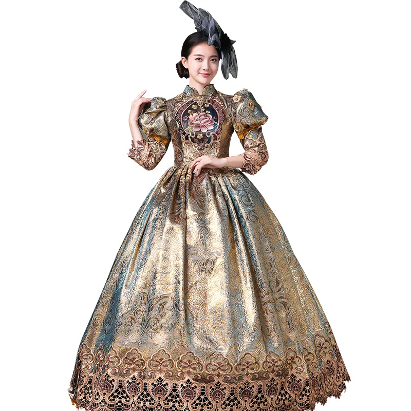 

Upscale Champagne Marie Antoinette Rococo Ball Gown Medieval Victorian Prom Masquerade Dresses Stage Theater Costumes For Women