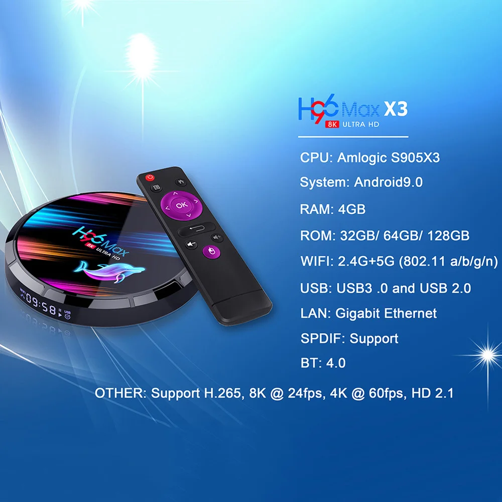ТВ-приставка H96 MAX X3 Android TV Box 9 0 4G 128G 4 + 64 ГБ S905X3 1080P H.265 4K Google Store Netflix Youtube H96MAX |