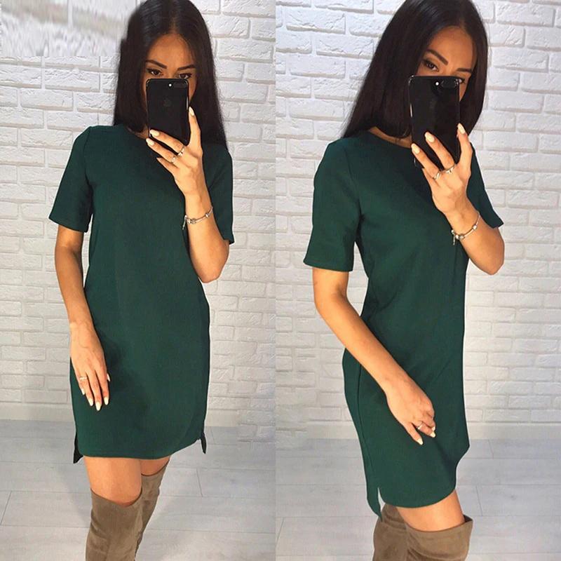 

New Women Summer Casual Dress O-Neck Short Sleeve Solid Dresses Ladies Irregular Hem Vintage Straight Mini Dress Vestidos