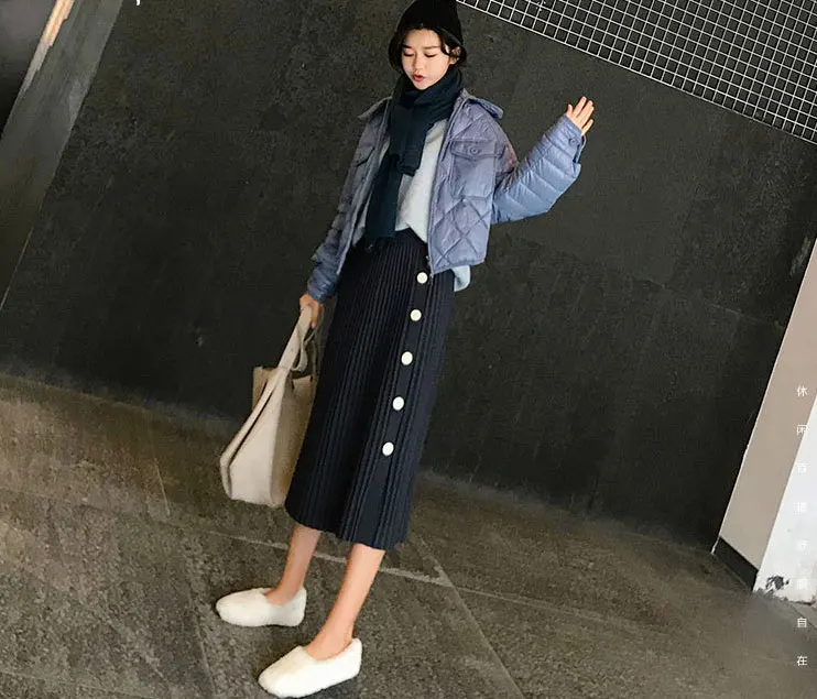 Осенне-зимние эластичные юбки с высокой талией для женщин s Faldas Mujer Moda Jupe вязаные плиссированные юбки женские тонкие юбки на пуговицах