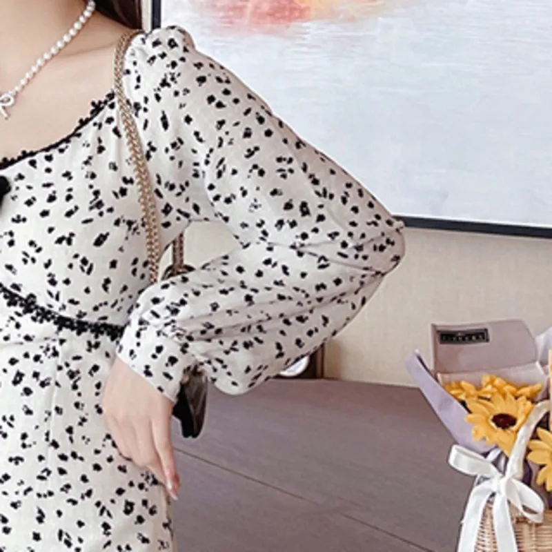 

High Quality Woman Dresses 2021 Spring New French Vintage Small Fresh Waist Thin A-line Floral Long-sleeve Chiffon Dress Vestido