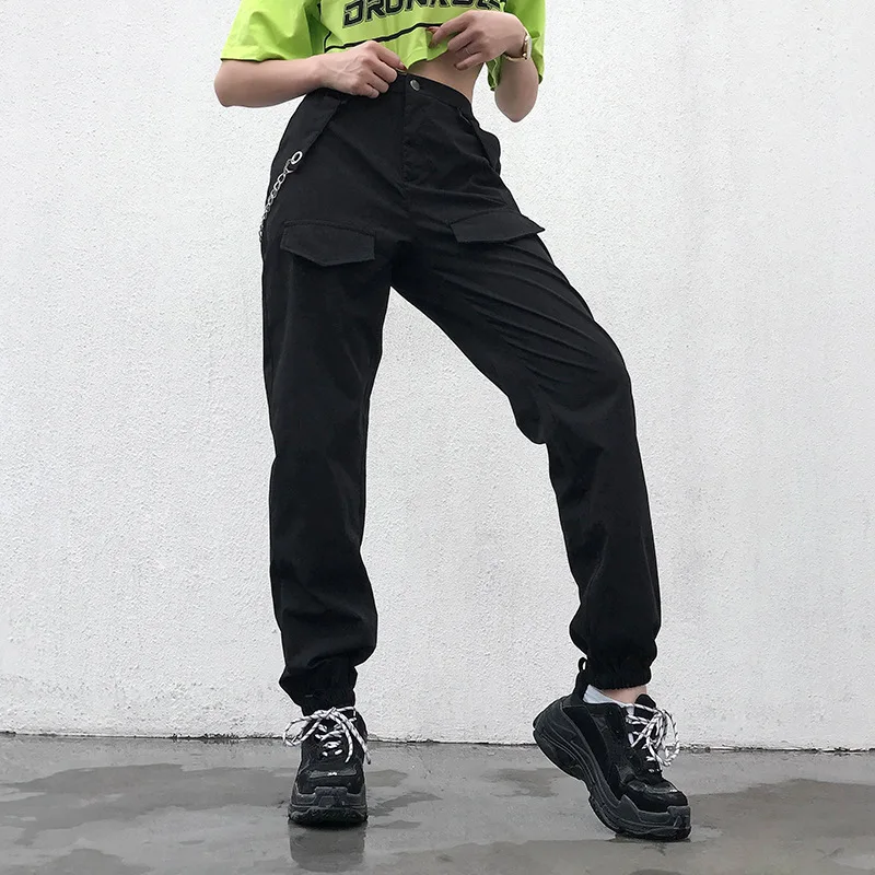 Черные женские брюки Helisopus с эластичной завышенной талией осенние в стиле хип-хоп