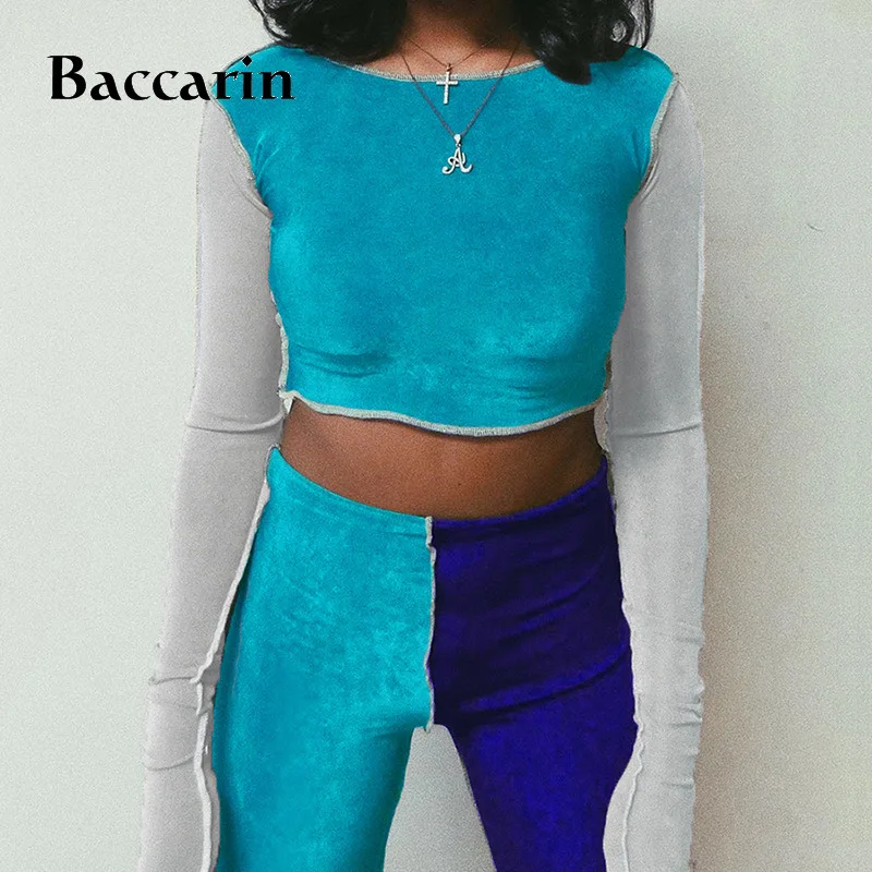 

Baccarin patchwork women two piece set crop top long sleeve leggings bodycon sexy streetwear sporty matching fitness tracksuit