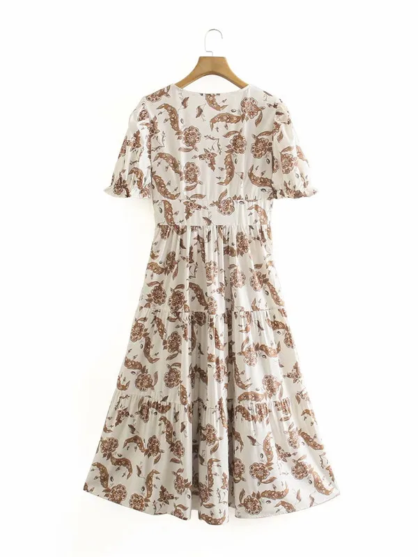 

European and American summer new vintage V-neck short-sleeve print high-waisted thin-cut head-scratching dress female DLQZ849