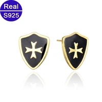 real solid 925 silver earrings for women party jewelry fashion vintage ladies enamel cross ear studs free shipping