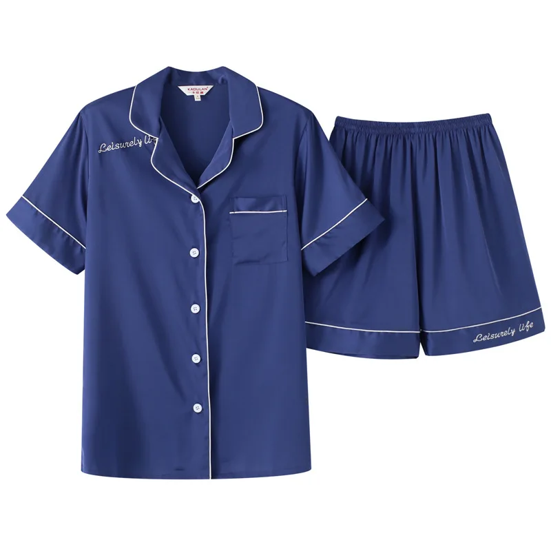 

M-XXL Female Loose 2PCS Faux Silk Pajamas Suit Summer New Short Sleeve Shirt&Shorts Sleepwear Lounge Turn-down Collar Nightwear