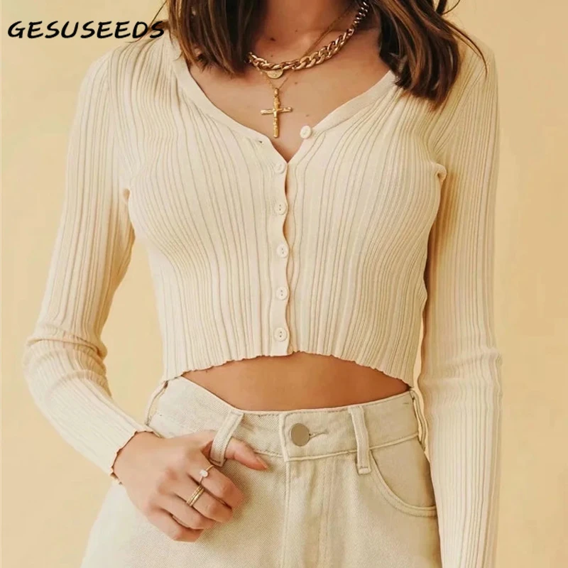 

Женский укороченный Кардиган с длинным рукавом, розовый вязаный свитер с v-образным вырезом, черный облегающий синий кардиган в Корейском с...